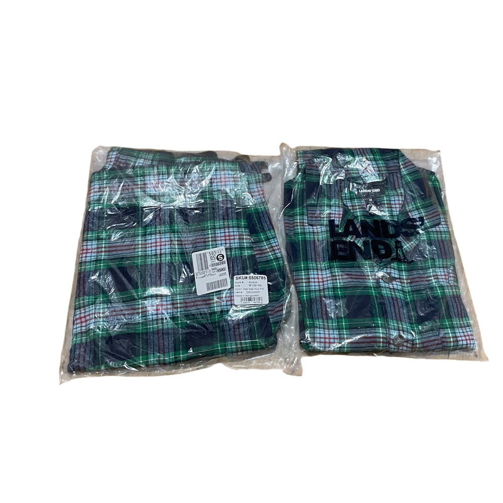 Lands End Mens Flannel Pajama Set Deep Sea Navy Green Plaid M 453929 5506785 NWT